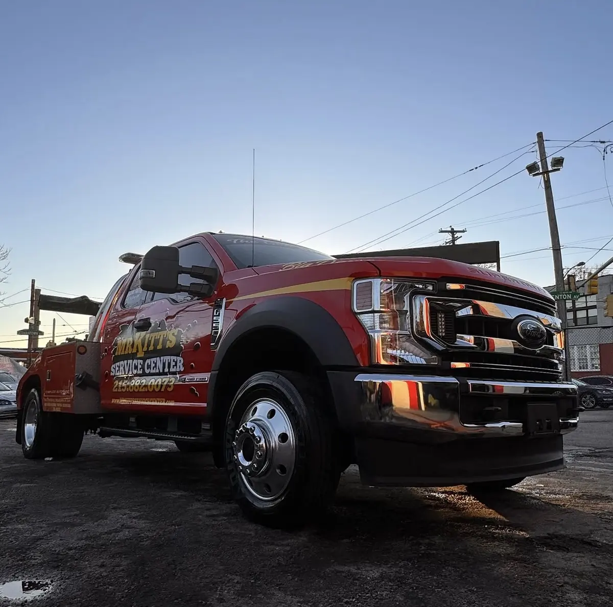 A Mr. Kitt's wrecker photographed from a low angle