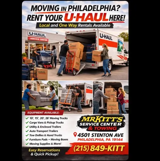Mr. Kitt's U-Haul rental signage listing the Stenton Avenue location